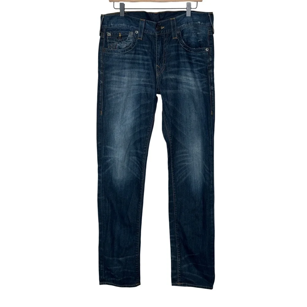 True Religion Geno Jeans 34 Blue Relaxed Slim Dark Wash Horseshoe Flap Pocket
